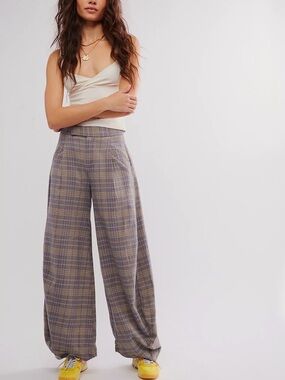 Free People Tegan Plaid Barrel Wide-Leg Relaxed Trouser Pants Sz 6